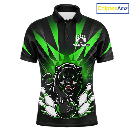 Front view of custom black and green leopard bowling men’s polo team jersey