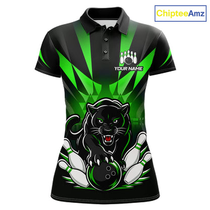 Custom Black And Green Leopard Bowling Jerseys, Leopard Bowling Team Women Polo & 1/4 Quarter-Zip Shirts NBT915