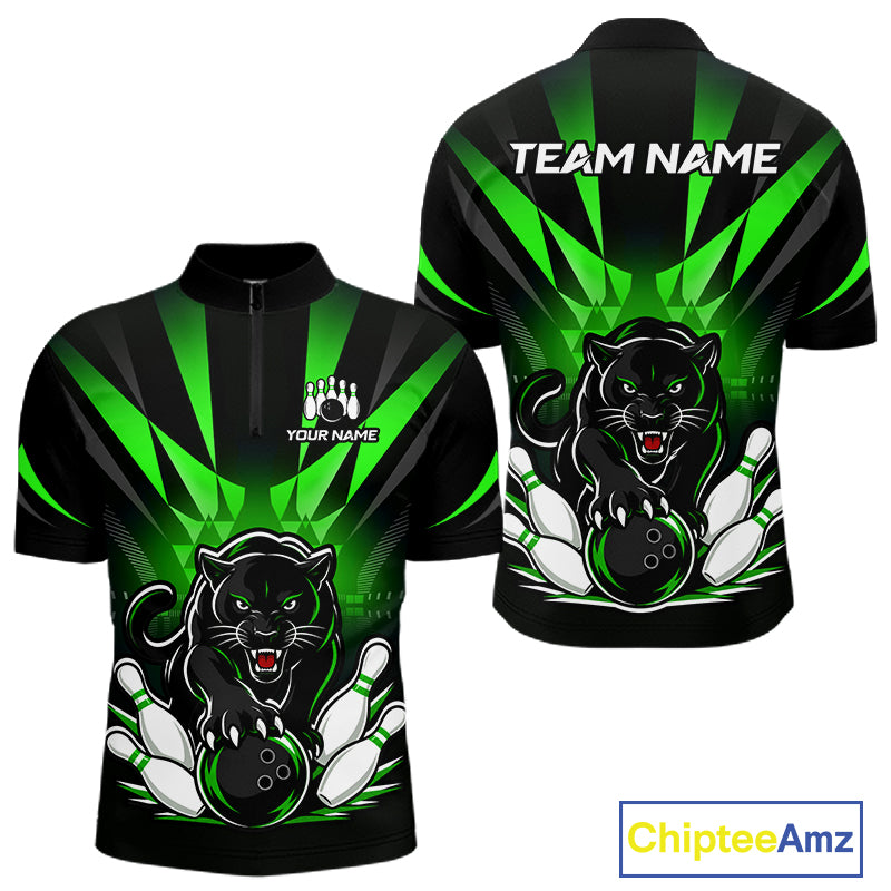 Custom Black And Green Leopard Bowling Jerseys, Leopard Bowling Team Men Polo & 1/4 Quarter-Zip Shirts NBT915
