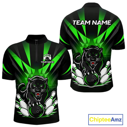 Custom Black And Green Leopard Bowling Jerseys, Leopard Bowling Team Men Polo & 1/4 Quarter-Zip Shirts NBT915