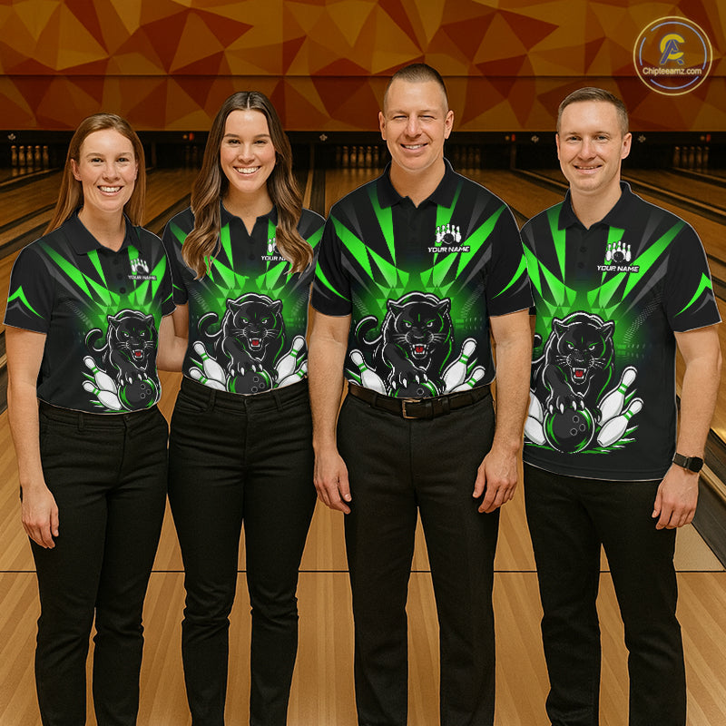 Bowling team wearing matching custom black and green leopard bowling jerseys with personalized names