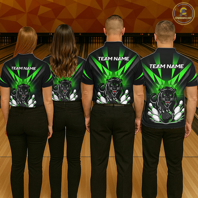 Bowling team wearing matching custom black and green leopard bowling jerseys with personalized names - back view