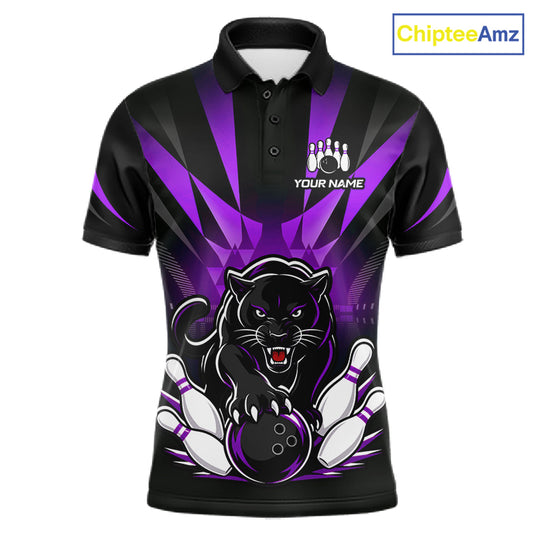 Front view of custom black and purple leopard bowling men’s polo team jersey