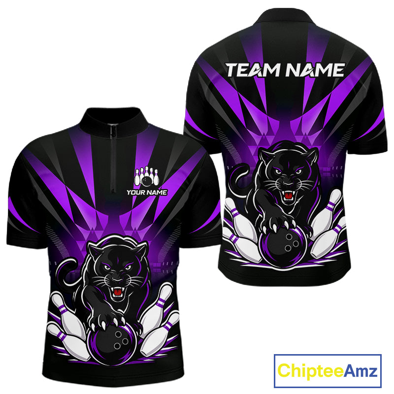Custom Black And Purple Leopard Bowling Jerseys, Leopard Bowling Team Men Polo & 1/4 Quarter-Zip Shirts NBT916