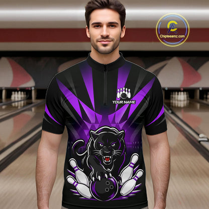 Custom Black And Purple Leopard Bowling Jerseys, Leopard Bowling Team Men Polo & 1/4 Quarter-Zip Shirts NBT916
