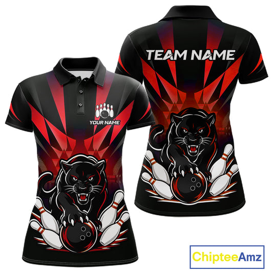 Custom Black And Red Leopard Bowling Jerseys, Leopard Bowling Team Women Polo & 1/4 Quarter-Zip Shirts NBT917