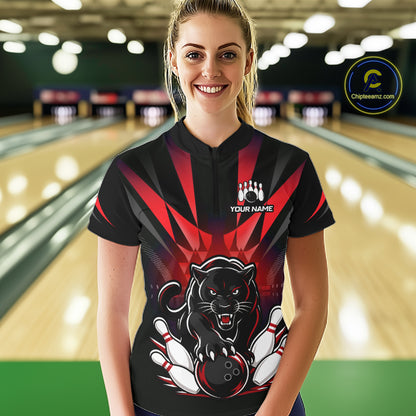 Custom Black And Red Leopard Bowling Jerseys, Leopard Bowling Team Women Polo & 1/4 Quarter-Zip Shirts NBT917
