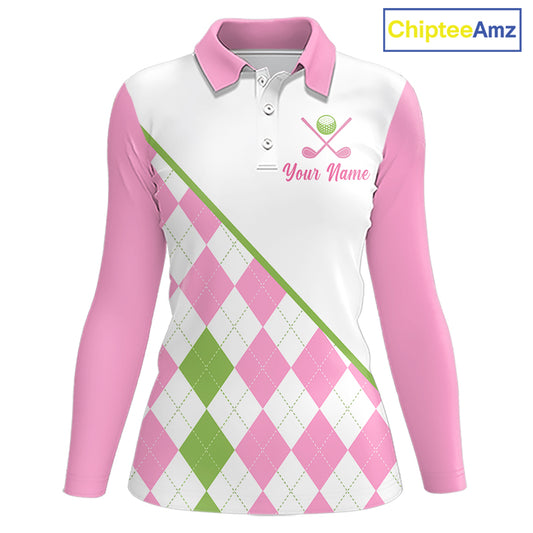 front view funny golf slogan pink argyle long sleeve womens golf polo shirt
