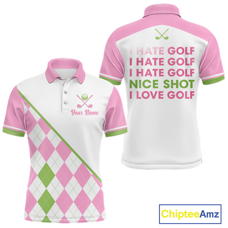 Funny mens golf polo shirt pink argyle pattern - back view