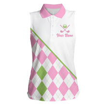 Load image into Gallery viewer, front view funny golf slogan pink argyle womens sleeveless golf polo shirt