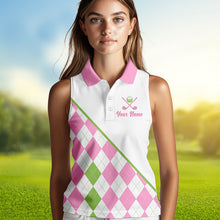 Load image into Gallery viewer, woman wearing funny pink argyle womens sleeveless golf polo 