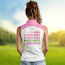 Load image into Gallery viewer, woman wearing funny pink argyle womens golf polo “I hate golf I love golf”