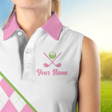 Load image into Gallery viewer, close up text “I hate golf nice shot I love golf” pink argyle sleeveless golf polo