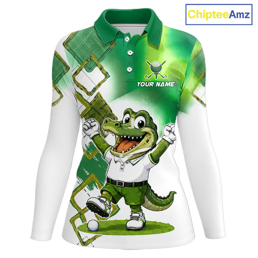 Funny Alligator Womens Golf Polo Shirt Custom Name, Team Golf Shirts, Golf Gifts | Green NBT839