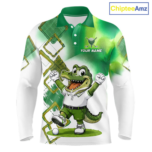 Front view of funny alligator mens long sleeve golf polo shirt in green with custom name on chest, team golf shirts and golf gifts design