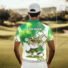 Load image into Gallery viewer, Model wearing funny alligator mens golf polo shirt with custom name in green, team golf shirts and unique golf gifts outfit
