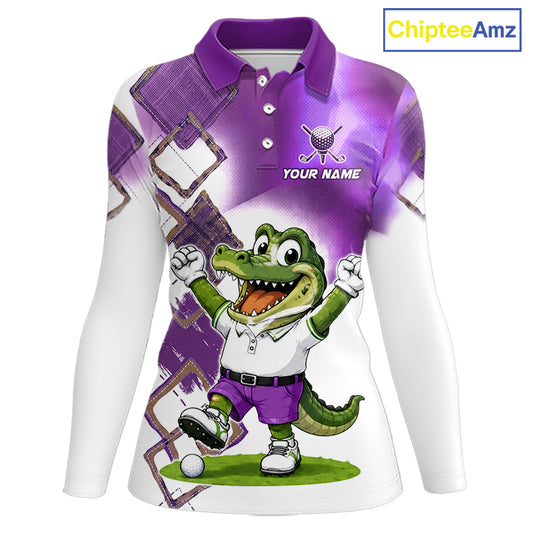 Funny Alligator Womens Golf Polo Shirt Custom Name, Team Golf Shirts, Golf Gifts | Purple NBT840