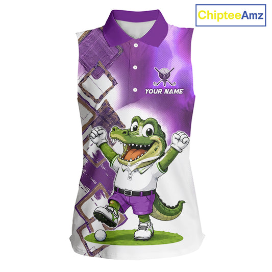 Funny Alligator Womens Sleeveless Golf Polo Shirt Custom Name, Team Golf Shirts, Golf Gifts | Purple NBT840