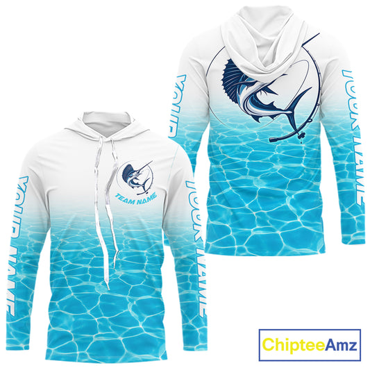 Custom Marlin Fishing Long Sleeve Hooded Performance Fishing Shirts, Marlin Saltwater Fishing Shirt NBT620