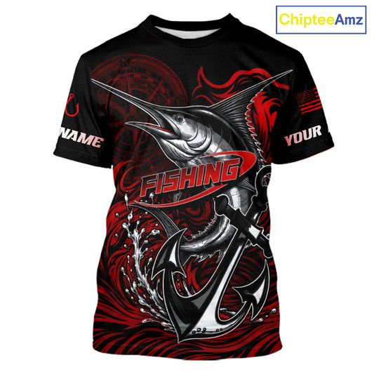 Front view of Custom Marlin Fishing Ocean Camo Shirt Marlin Saltwater Fishing Jersey, lightweight UPF 30+ fishing shirt with marlin and ocean camo design