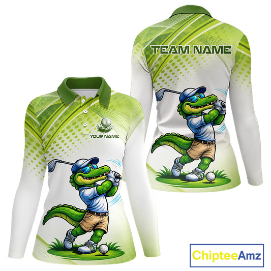 Funny White And Green Alligator Golf Polo Shirts For Women Custom Team Alligator Golf Outfit NBT508