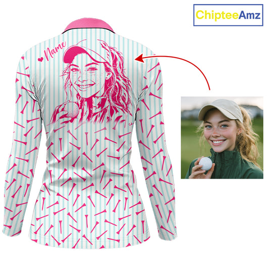 back view of long sleeve personalized golf polo shirt for mom with custom face & name