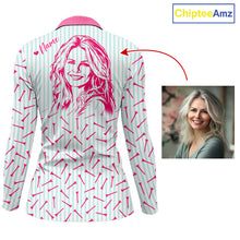 Load image into Gallery viewer, back view of long sleeve personalized golf polo shirt for ladies with custom face &amp; name