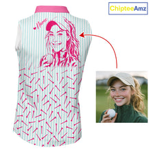 Load image into Gallery viewer, back view of personalized sleeveless golf polo shirt for mom with custom face &amp; name