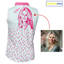 Load image into Gallery viewer, back view of personalized sleeveless golf polo shirt for women with custom face &amp; name