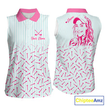 Load image into Gallery viewer, front and back view of personalized sleeveless golf polo shirt for mom with custom face &amp; name