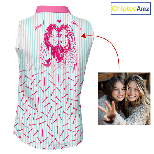 back view of personalized best friend sleeveless golf polo shirt with custom photo & name