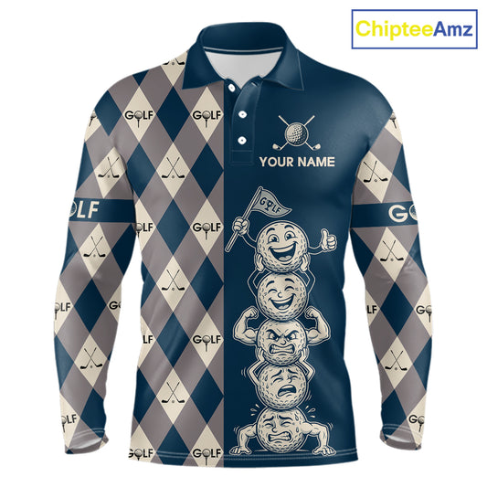 Funny Golf Ball Mens Golf Polo Shirts Custom Blue Argyle Pattern Golf Attire For Men, Golfer Gifts NBT627