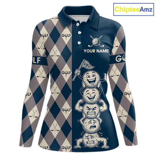 Funny Golf Ball Womens Golf Polo Shirts Custom Blue Argyle Pattern Golf Attire For Ladies, Golfer Gifts NBT627