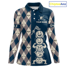 Load image into Gallery viewer, Funny Golf Ball Womens Golf Polo Shirts Custom Blue Argyle Pattern Golf Attire For Ladies, Golfer Gifts NBT627