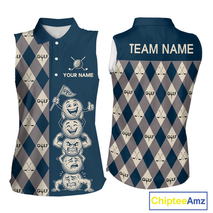 Funny Golf Ball Womens Sleeveless Golf Polo Shirts Custom Blue Argyle Pattern Golf Attire For Ladies, Golfer Gifts NBT627