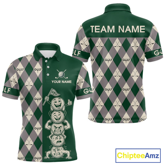 Funny Golf Ball Mens Golf Polo Shirts Custom Green Argyle Pattern Golf Attire For Men, Golfer Gifts NBT628