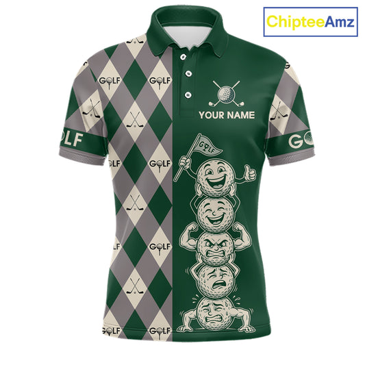 Funny Golf Ball Mens Golf Polo Shirts Custom Green Argyle Pattern Golf Attire For Men, Golfer Gifts NBT628