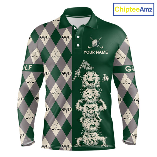 Funny Golf Ball Mens Golf Polo Shirts Custom Green Argyle Pattern Golf Attire For Men, Golfer Gifts NBT628