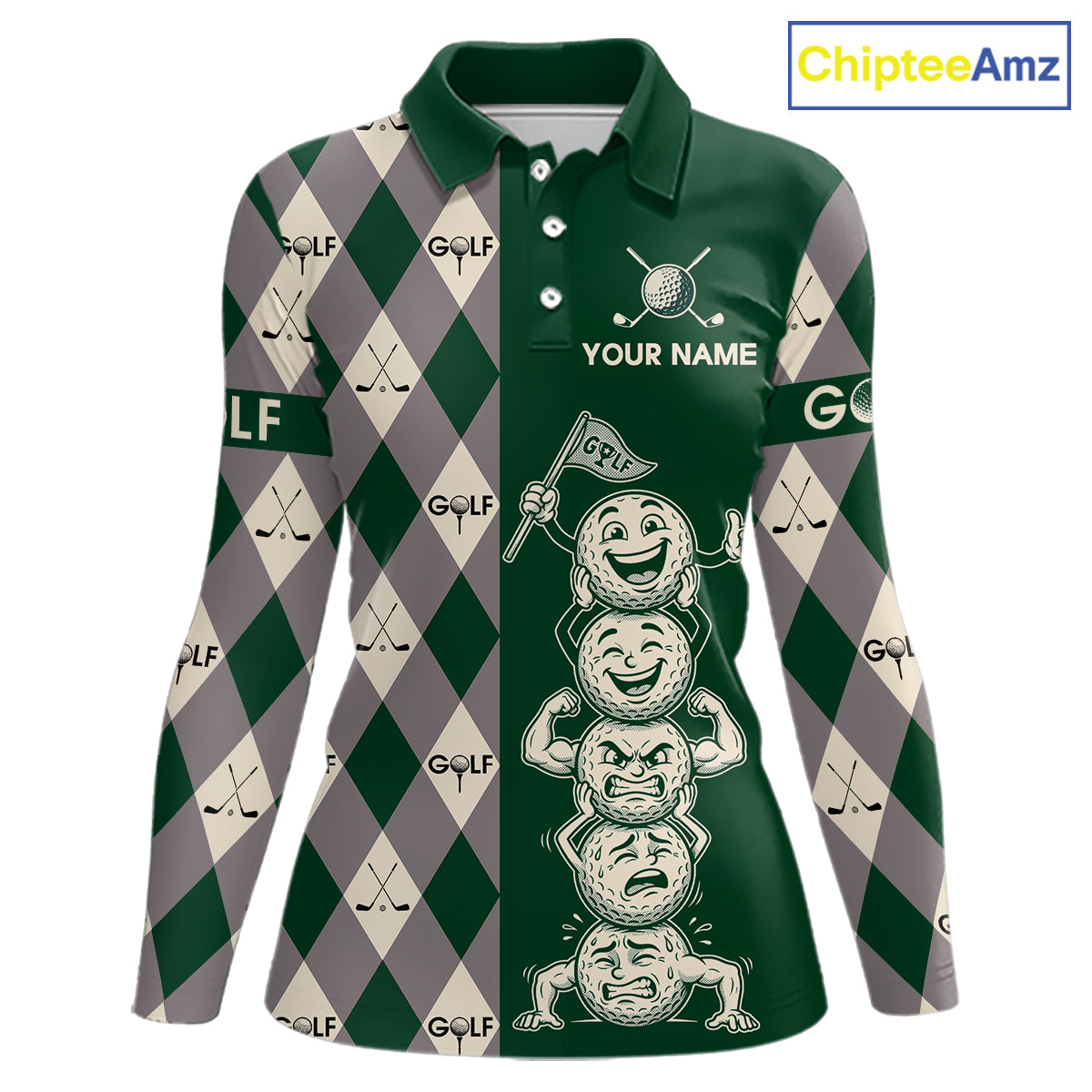 Funny Golf Ball Womens Golf Polo Shirts Custom Green Argyle Pattern Golf Attire For Ladies, Golfer Gifts NBT628