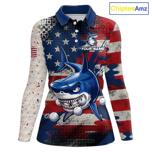 Front view funny womens long sleeve polo golf shirt American Flag custom shark golf shirt funny golf gift