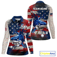 Load image into Gallery viewer, Front and back view funny womens long sleeve polo golf shirt American Flag custom shark golf shirt funny golf gift