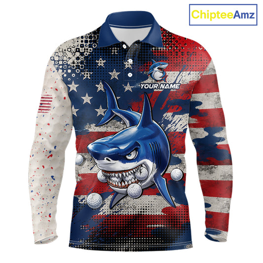 Front view funny mens long sleeve polo golf shirt American Flag custom shark golf shirt funny golf gift