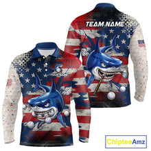 Load image into Gallery viewer, Front and back view funny mens long sleeve polo golf shirt American Flag custom shark golf shirt funny golf gift