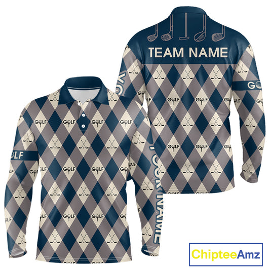 Blue Argyle Plaid Pattern Mens Golf Polo Shirts Custom Golf Attire For Men, Team Golf Shirt NBT636