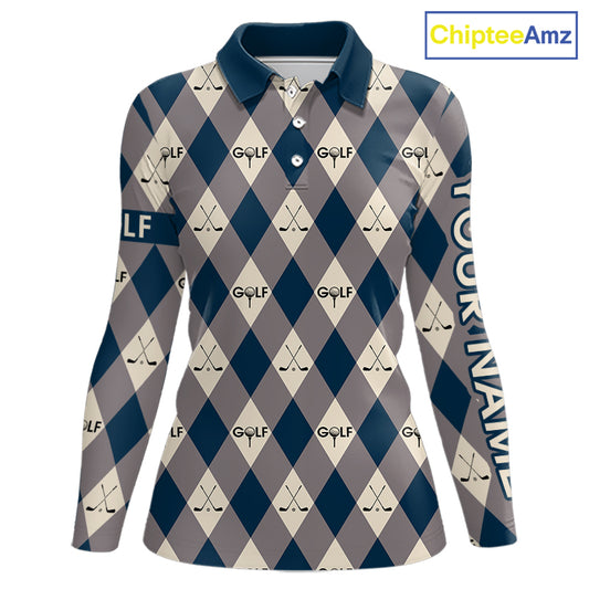 Blue Argyle Plaid Pattern Womens Golf Polo Shirts Custom Golf Attire For Ladies, Team Golf Shirt NBT636