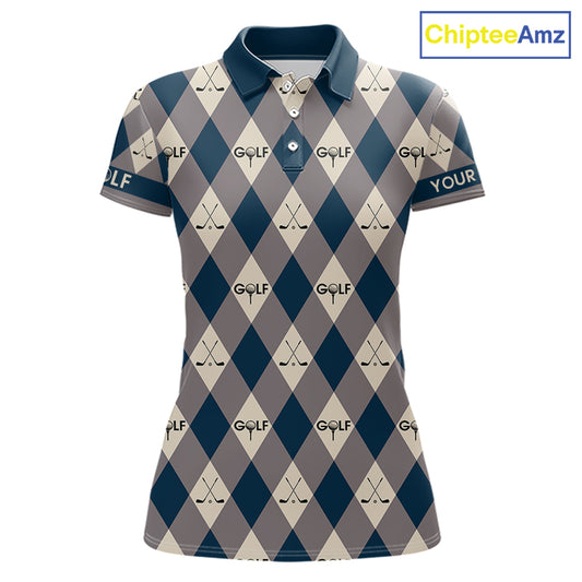 Blue Argyle Plaid Pattern Womens Golf Polo Shirts Custom Golf Attire For Ladies, Team Golf Shirt NBT636