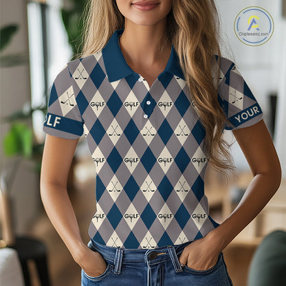 Blue Argyle Plaid Pattern Womens Golf Polo Shirts Custom Golf Attire For Ladies, Team Golf Shirt NBT636
