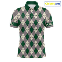 Load image into Gallery viewer, Green Argyle Plaid Pattern Mens Golf Polo Shirts Custom Golf Attire For Men, Team Golf Shirt NBT637