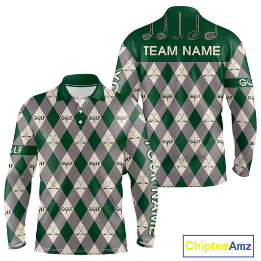 Green Argyle Plaid Pattern Mens Golf Polo Shirts Custom Golf Attire For Men, Team Golf Shirt NBT637