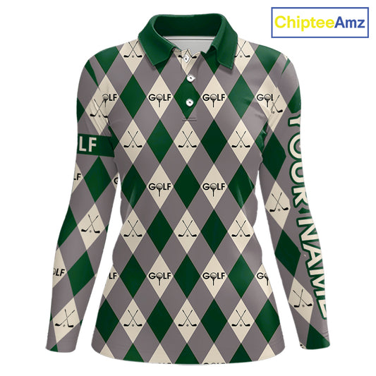 Green Argyle Plaid Pattern Womens Golf Polo Shirts Custom Golf Attire For Ladies, Team Golf Shirt NBT637